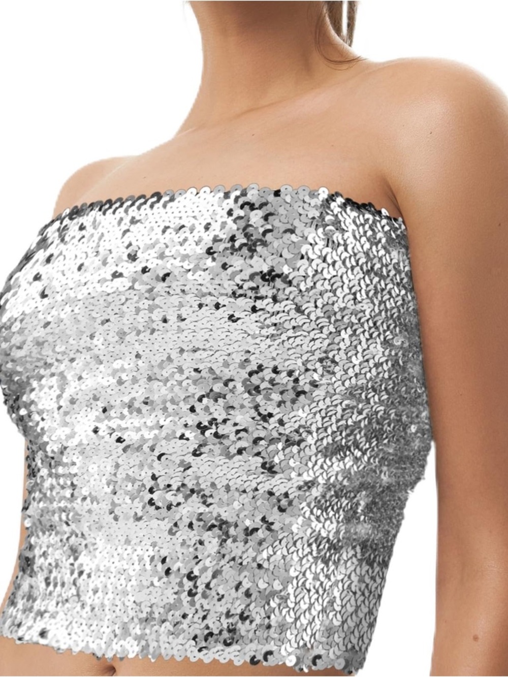 Silver sequin strapless shimmer y2k cropped metallic bandeau top